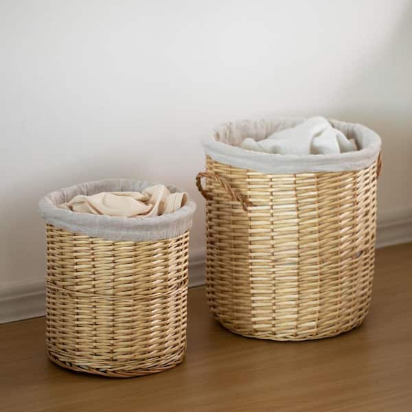 Set of 2 Round Willow Wicker Laundry Baskets w/ Lids Side Handles and Removable Fabric Liners Decorative Storage Hampers