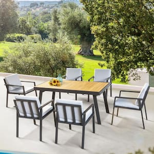 Black 7-Piece Aluminum Rectangle Standard Height Outdoor Dining Set with Gray Cushions