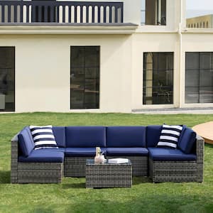 7-Piece Wicker Rattan Patio Conversation Sets All-Weather PE Sofa Set with Pillows and Blue Cushions