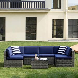 Expresso-Navy Furnivilla Outdoor 7 Pieces Patio Furniture Set All-Weather Wicker Sectional Sofa Rattan Set Sectional Garden Lawn Pool Backyard Conversation Sets 