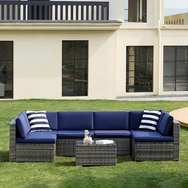 Tozey 7-Piece Wicker Rattan Patio Conversation Sets All-Weather PE Sofa Set with Pillows and Blue Cushions