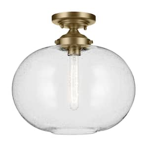 Avery 14.5 in. 1-Light Natural Brass Hallway Vintage Industrial Semi-Flush Mount Ceiling Light with Clear Seeded Glass