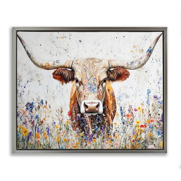 Texas Longhorn Speckled Flowers by Franklyn Gregory 1 Piece Gray Floater Frame Animal Graphic Art Print 17 in. x 21 in.