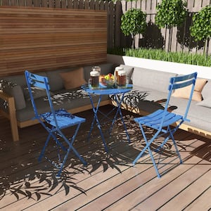 Peacock Blue 3-Piece Metal Round 14.7 in. Outdoor Bistroor Outdoor Serving Bar Set Bistro Sets