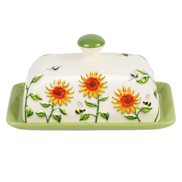 Ceramic Butter Dish with Lid Sunflower Design, 7.5 in. L x 4.3 in. W x 3.9 in. H, Oven and Microwave Safe