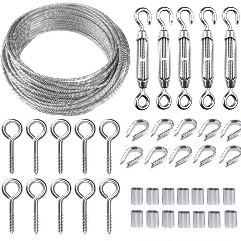 Kit Cavo D'Acciaio Per Luci Da Esterno: 220Ft (67 Metri) Di Fune In Acciaio Inox Rivestita Con Accessori