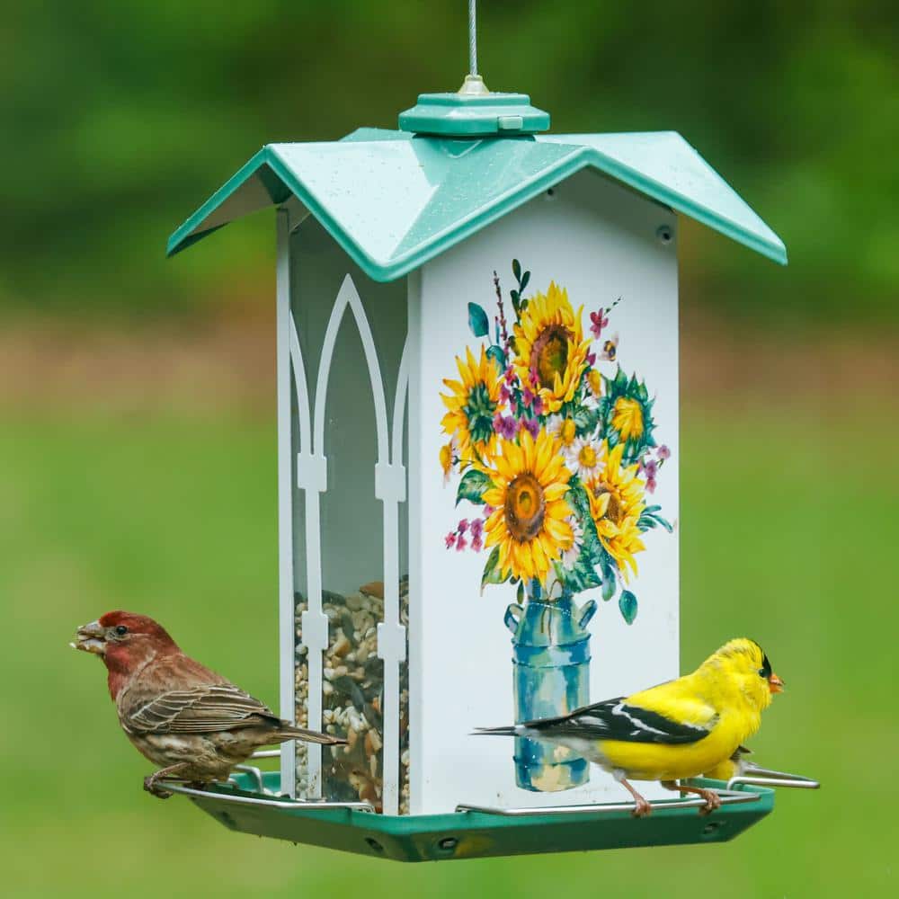 White and Green Metal Hanging Gazebo Bird Feeder with Floral Design