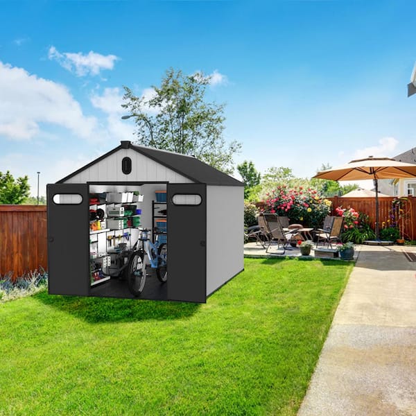 8 ft. W x 12 ft. D Outdoor Resin Storage Shed, Tool House with Floor, Lockable Doors, Air vents in Gray (87 sq. ft. )