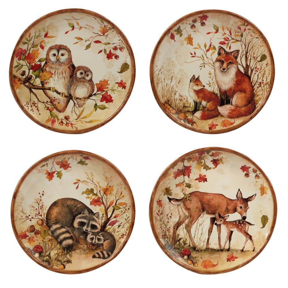Pine Forest Ceramic Dinnerware Set with Forest Critters, Service for 4