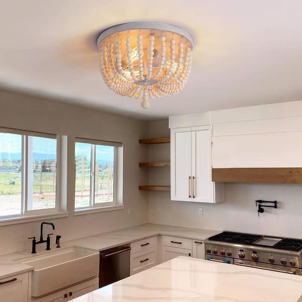 11.8 in. 3-Light Boho Farmhouse Wood Beaded Drum Flush Mount Ceiling Light for Hallway, Nursery, Bedroom