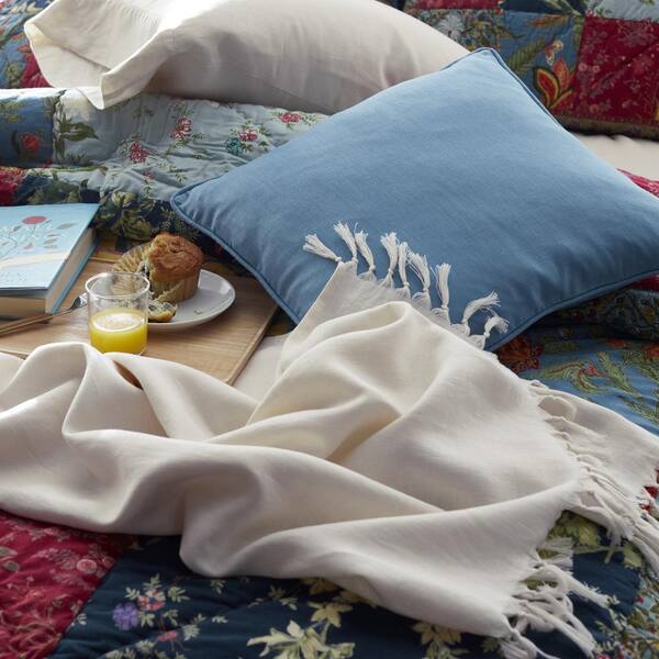 Coastal Bed Pillow Cover Set, Textured Long Lumbar Pillow Cover for Bed,  Blue Soft Linen Pillows, Textured Cream Raw Linen Throw Pillows 