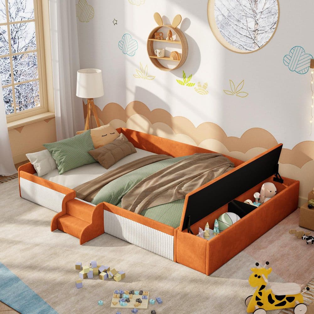 Cathy Brown+White Wood Frame Velvet Upholstered Queen Platform Bed Kids Bed with Storage Ottoman, Staircase, Guardrails price history on PriceWatchPro