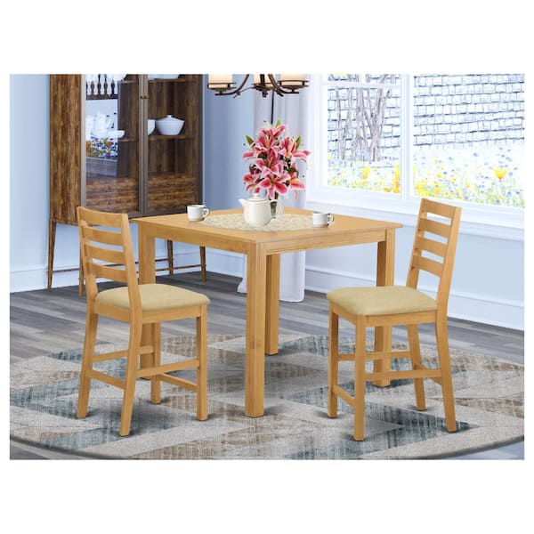 East West Furniture 3-Piece Natural Brown Oak Finish Solid Wood Top Counter Height Dining Table Set