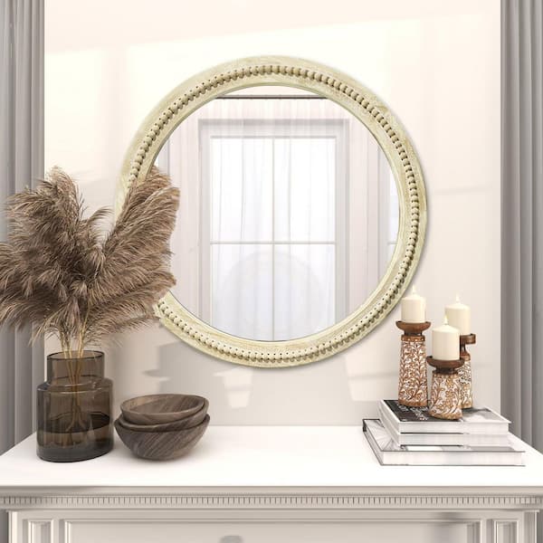 28 in. W x 28 in. H Bohemian Carved Beaded Round Wood Frame Wall Mirror Decorative Mirror