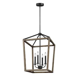 Gannet 4-Light Weathered Oak Wood and Antique Forged Iron Rustic Farmhouse Dining Room Hanging Candlestick Chandelier