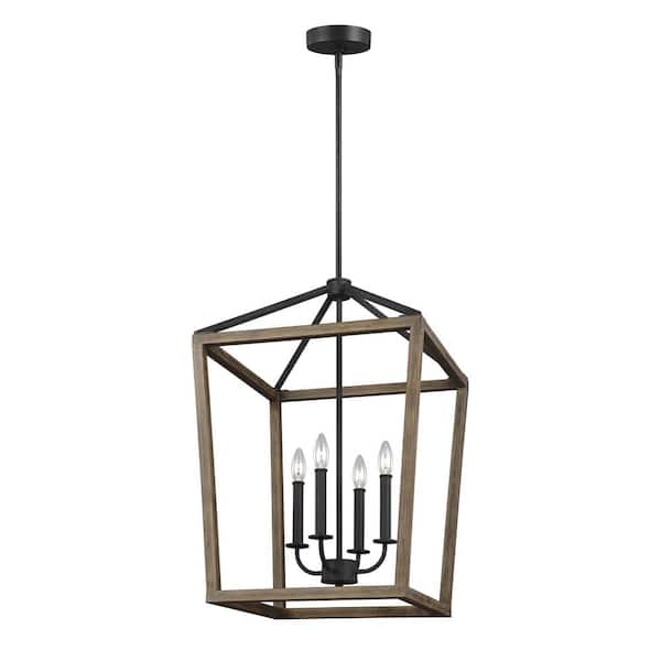 Generation Lighting Gannet 4-Light Weathered Oak Wood and Antique Forged Iron Rustic Farmhouse Dining Room Hanging Candlestick Chandelier