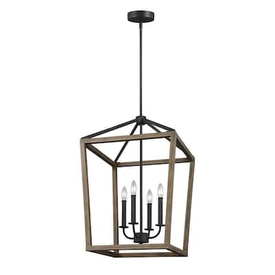 Meriwether 4-Light Weathered Oak Wood and Antique Forged Iron Farmhouse Dining Room Hanging Candlestick Chandelier