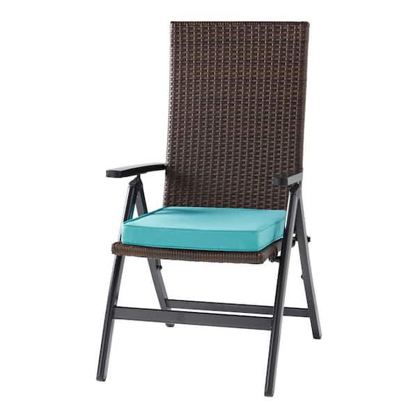 Greendale Home Fashions Wicker Outdoor PE Foldable Reclining Chair with Teal Seat Cushion