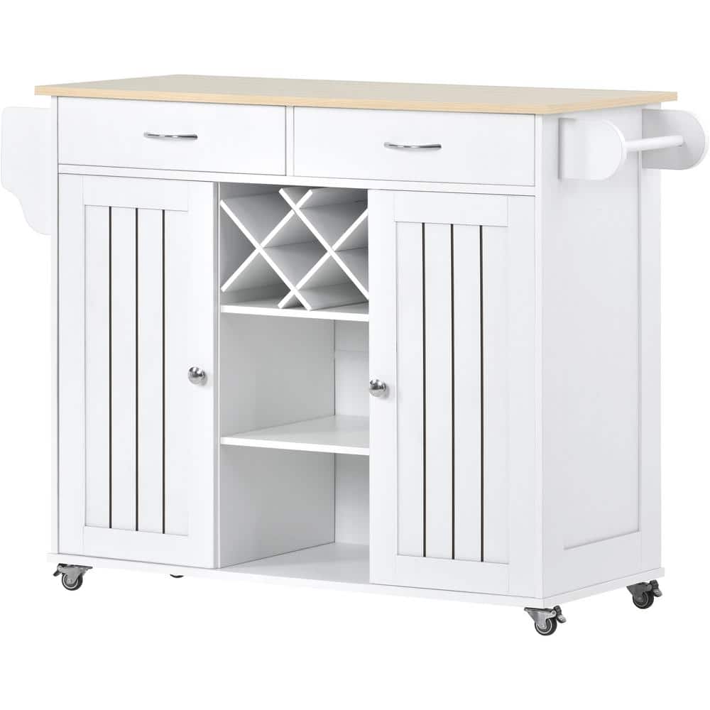White Wood 48 in. Kitchen Island Cart with 2Storage and Drawers, Wine Rack, Spice Rack