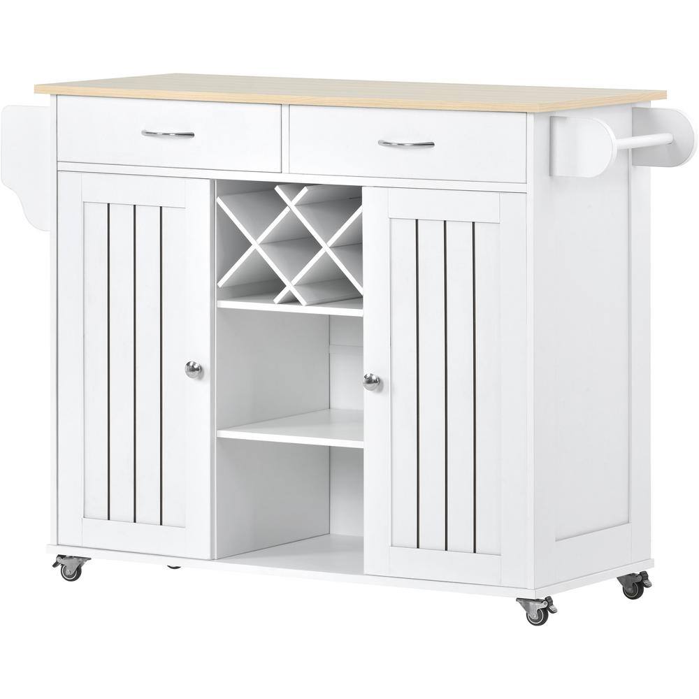 White Wood 48 in. Kitchen Island with 2-Drawers and Wine Rack ...