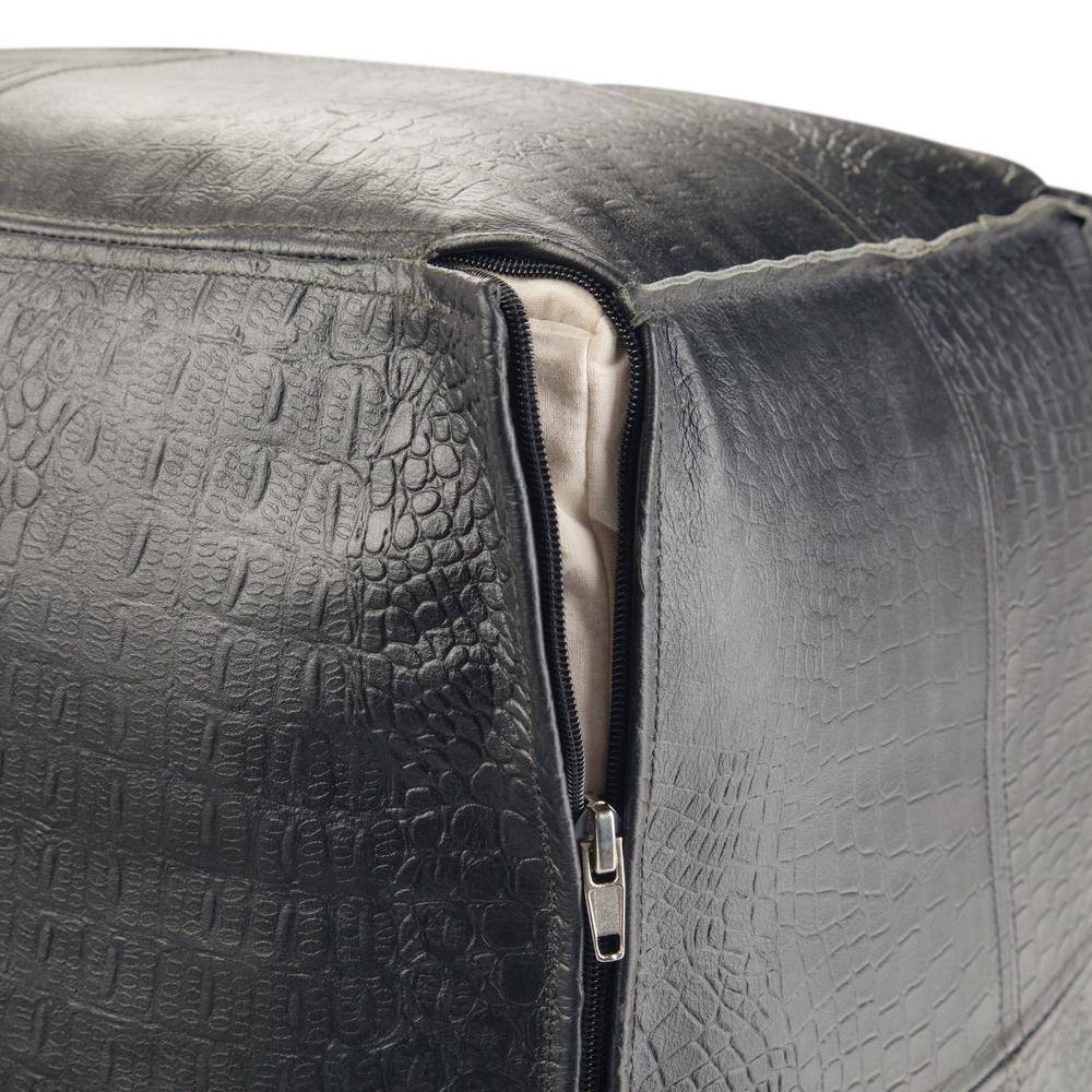 Bohemian Black Genuine Leather Square Pouf Ottoman