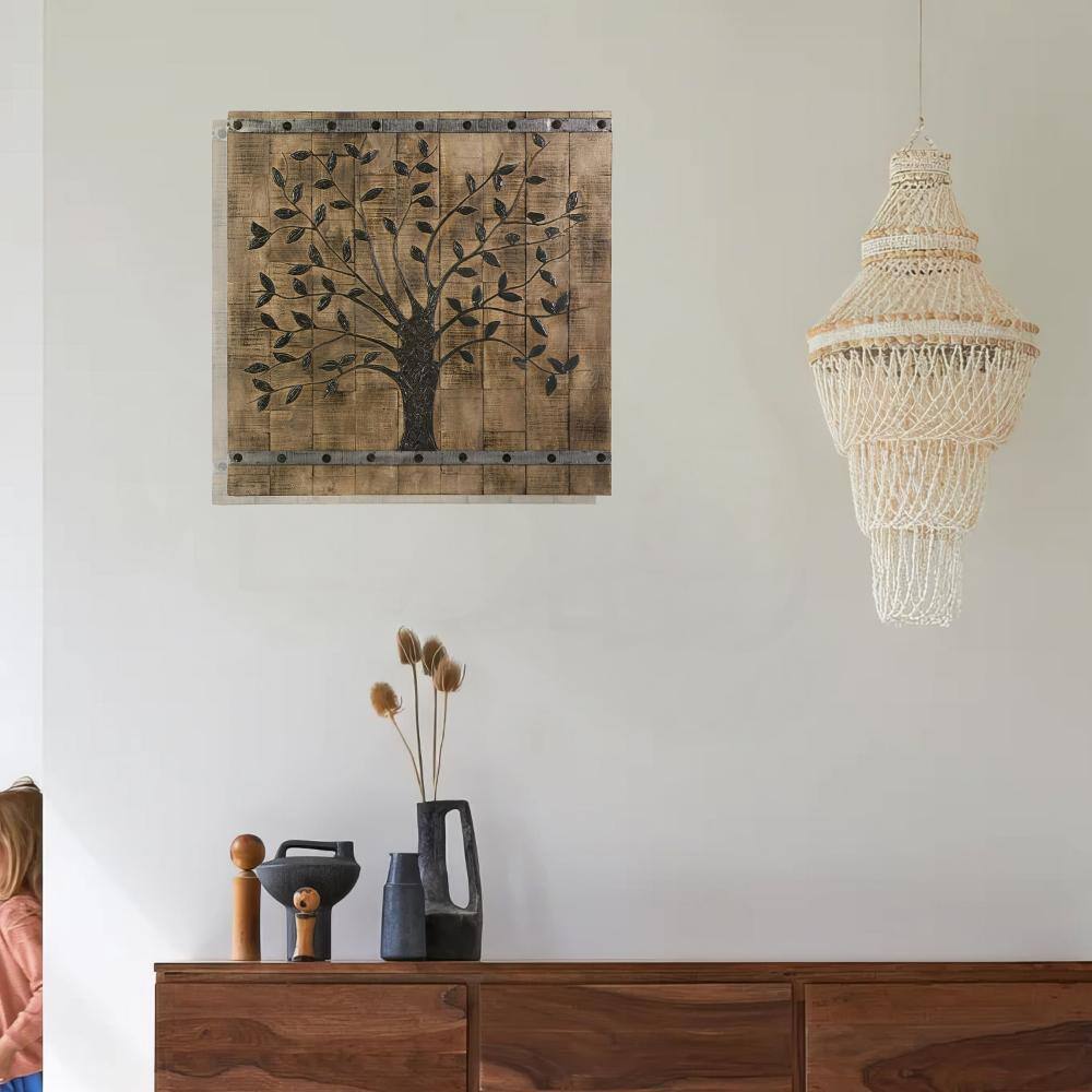36" Brown and Black Mango Wood Tree of Life Wall Panel