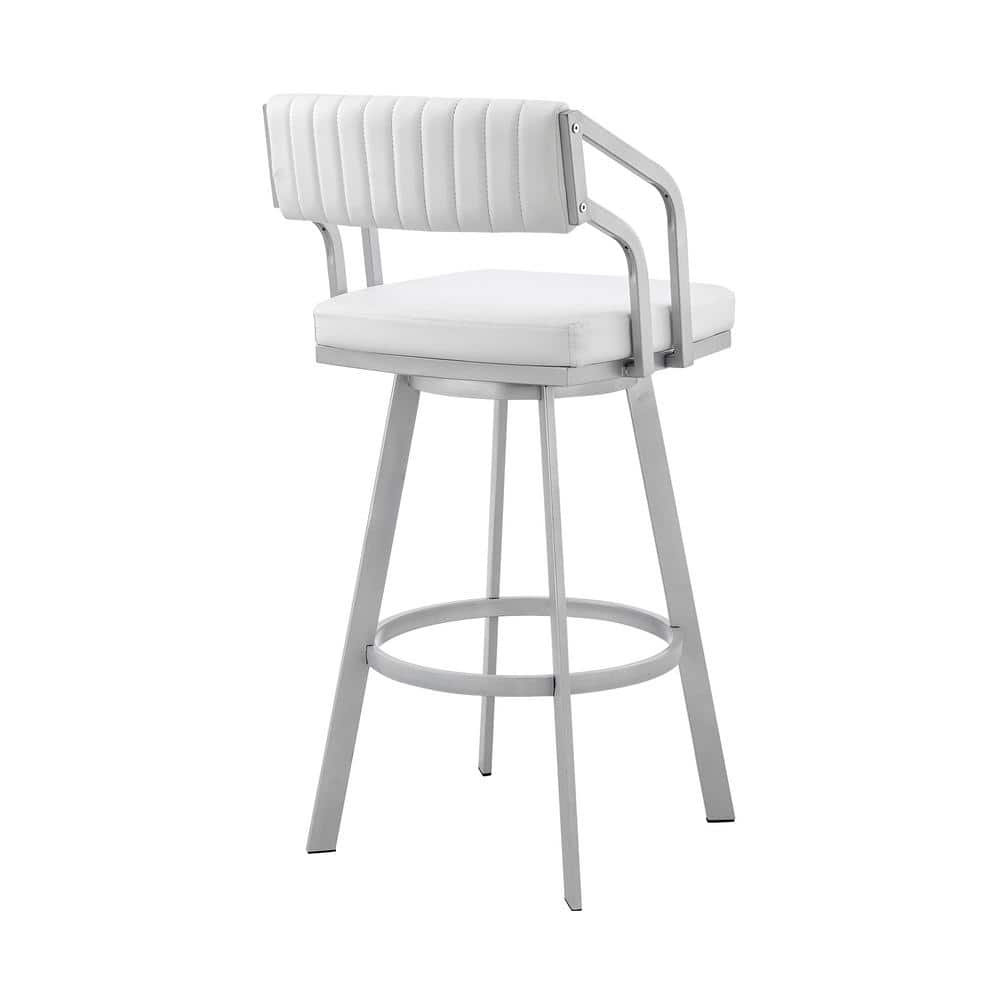 Modern Scranton 26" Swivel White Faux Leather & Silver Metal Bar Stool