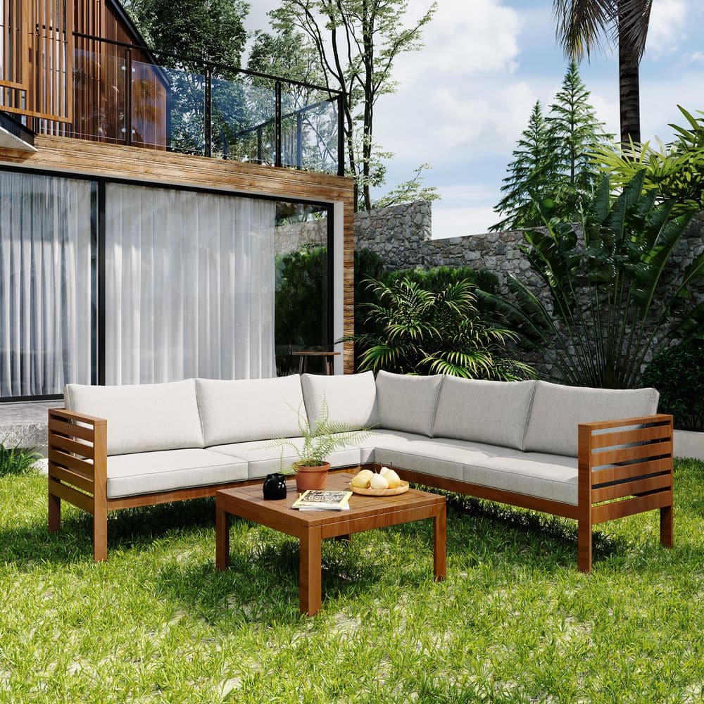 Acacia Wood Outdoor Sectional Set with Beige Cushions