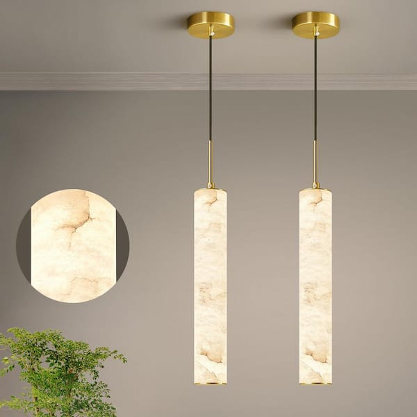 Natural Alabaster 7-Watt 1-Light Gold 2-Pack Integrated LED Pendant Lights with White Marble Long Tube Shade for Kitchen