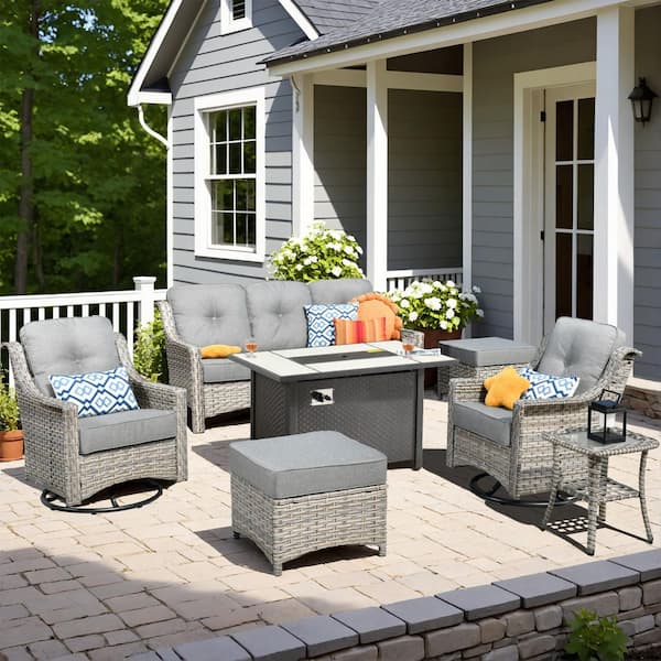 HOOOWOOO Verona 7-Piece Wicker Outdoor Patio Fire Pit Furniture Conversation Sofa Set with Swivel Chairs and Dark Grey Cushions