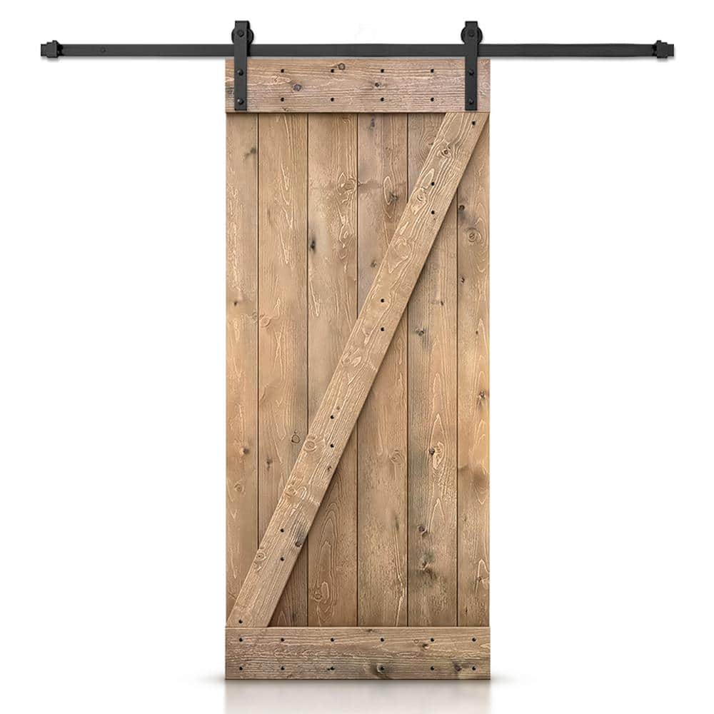 Light Brown Knotty Pine Wood Sliding Barn Door with Matte Black Hardware