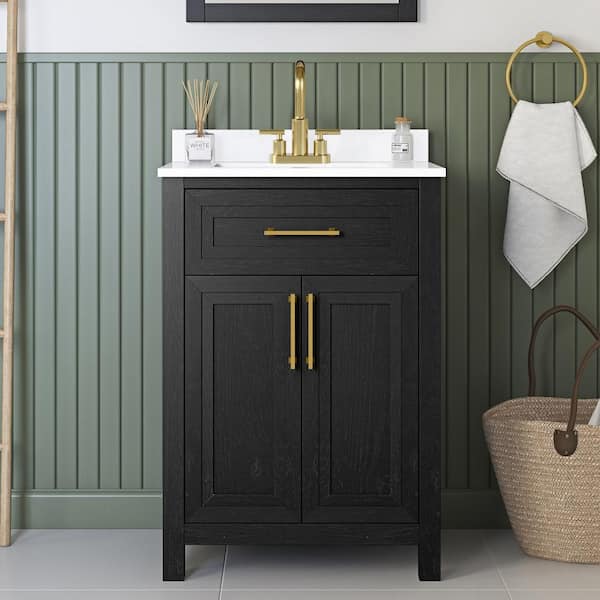 Home Decorators Collection Beaufort 24 in. W x 19 in. D x 34 in. H Single Sink Bath Vanity in Ebony Wood with White Engineered Stone Top