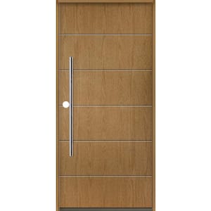 TETON Modern Faux Pivot 36 in. x 80 in. Right-Hand/Inswing Solid Panel Bourbon Stain Fiberglass Prehung Front Door