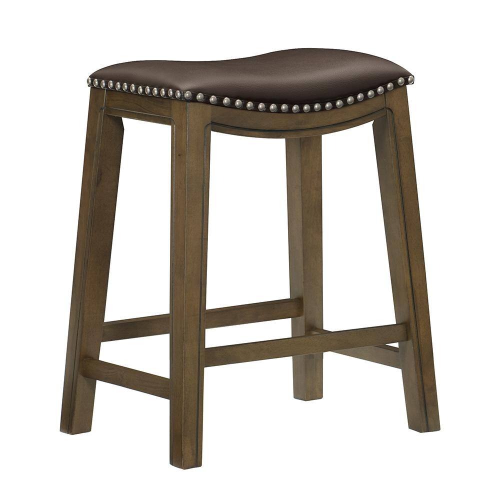 Brown Faux Leather Saddle Seat Counter Stool with Nailhead Trim