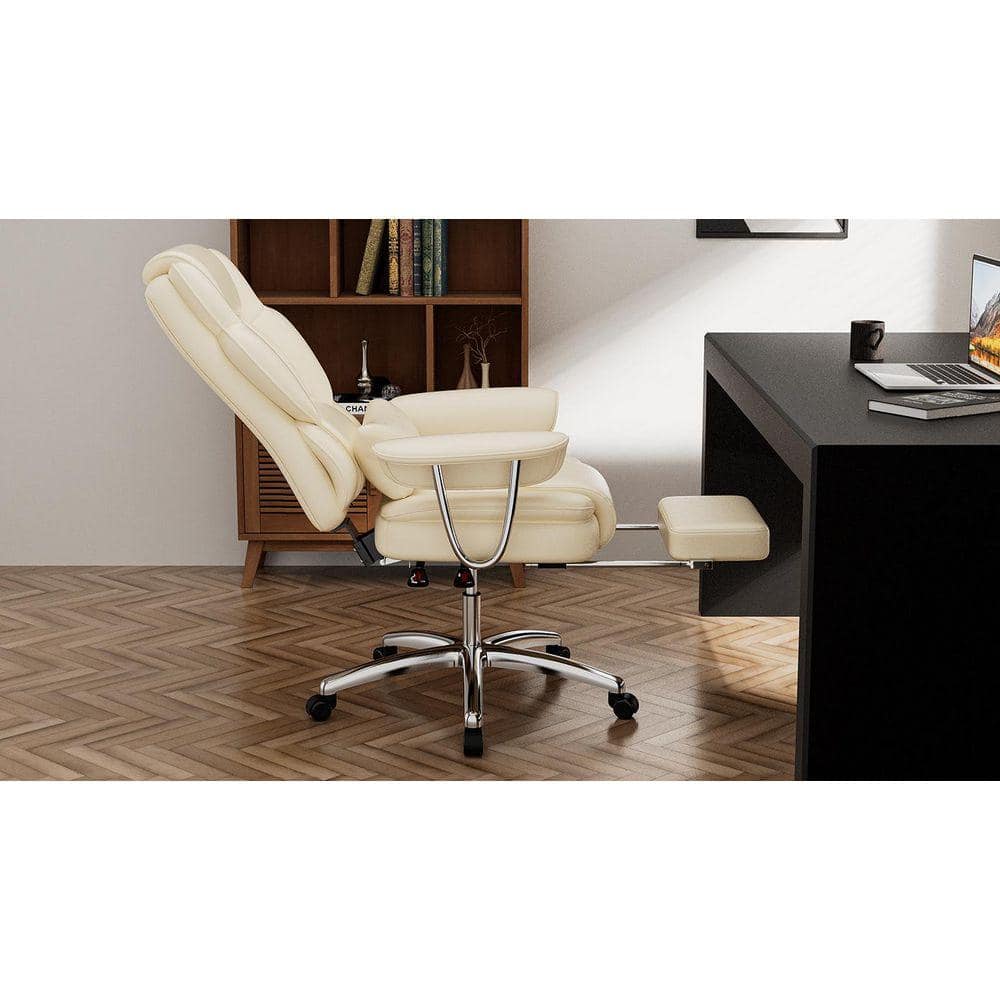 Leather Swivel Ergonomic Executive Office Chair High Back Reclining Computer Chair with Lumbar Pillow Footrest in Beige