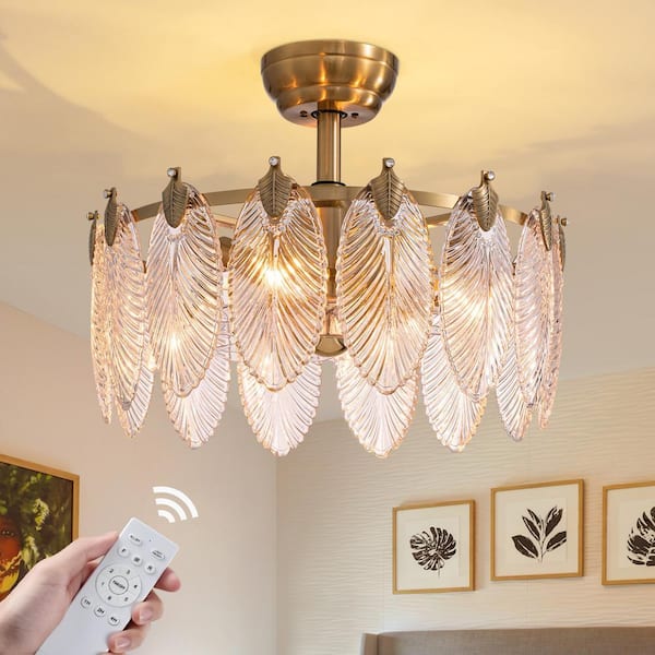 Modern 20 in. Smart Indoor Gold Textured Crystal Chandelier Ceiling Fan with No Bulb Included with Remote Included