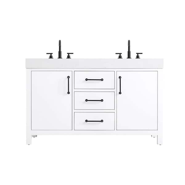 54 in. Double Sink White Bath Vanity with White Engineered Marble Top