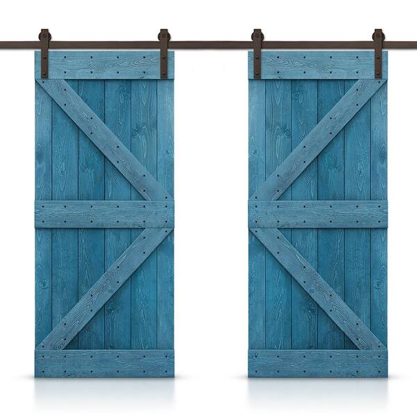 CALHOME K Series 76 in. x 84 in. Pre-Assembled Ocean Blue Stained Wood Interior Double Sliding Barn Door with Hardware Kit