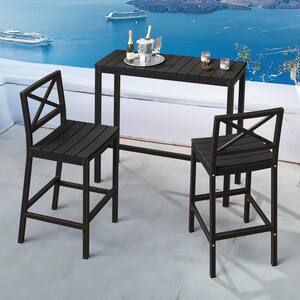 3-Piece 45 in. Black Outdoor Dining Table Set Aluminum Bar Set HDPS Top With Bar Chairs Armless for Balcony