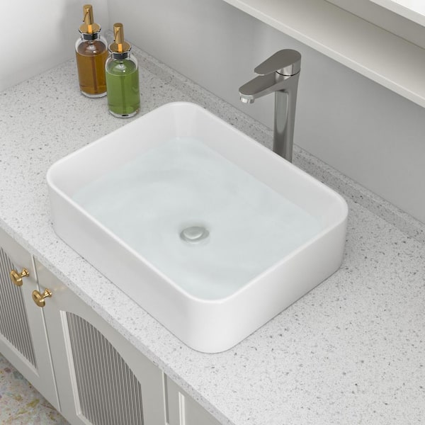 19 in. x15 in. Rectangular Vessel Bathroom Sink in White Vitreous China with Faucet in Brushed Nickel