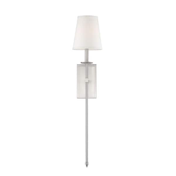 Savoy House Monroe 6.7 in. W x 33.5 in. H 1-Light Satin Nickel Wall Sconce with White Fabric Shade