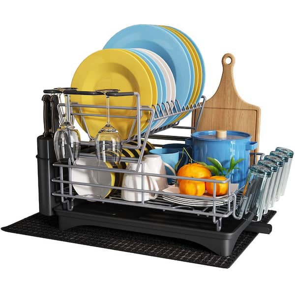 JASIWAY 2-Tier Metal Standing Dish Rack in Gray with Wine Glasses Rack