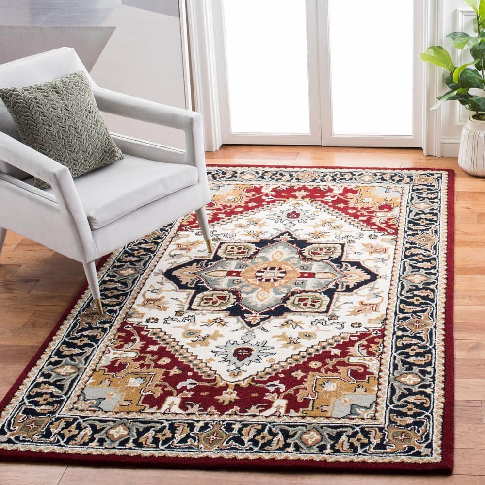 Ivory and Red Hand-Tufted Wool 5' x 8' Area Rug