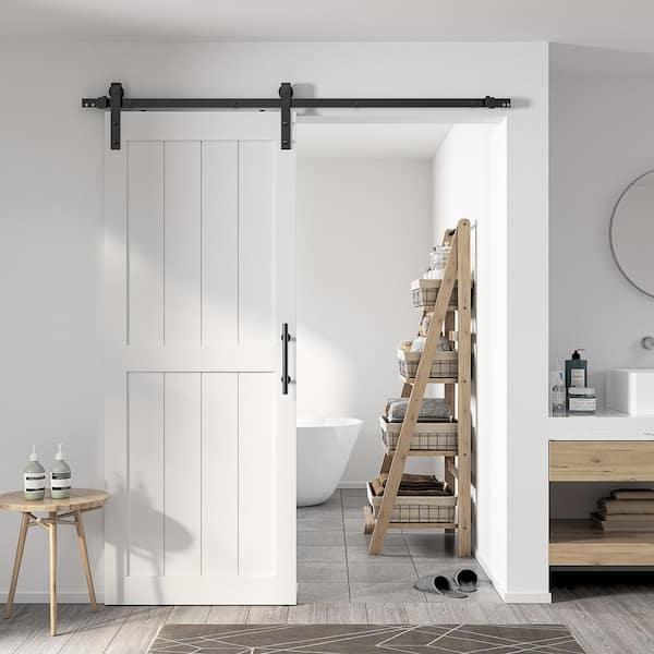 SANDING 32 in. x 84 in. MDF Sliding Barn Door with Hardware Kit, Covered with Water-Proof PVC Surface, White, H-Frame