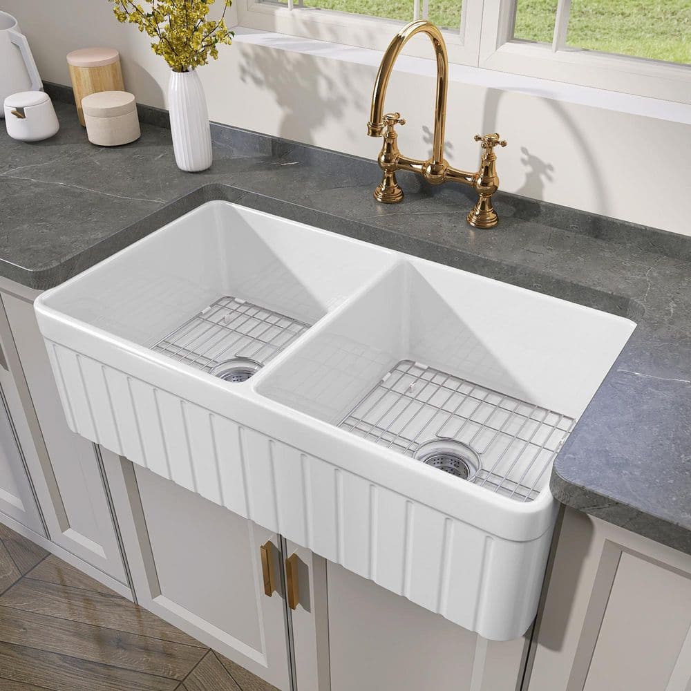 ○○ Kuomih Black Fireclay 33 in. Single Bowl Farmhouse Apron Kitchen