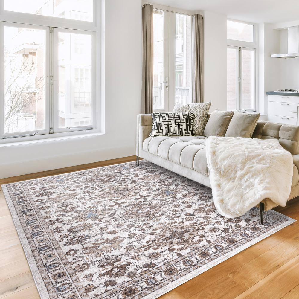 Ivory and Beige Rectangular Synthetic Area Rug, 9x13