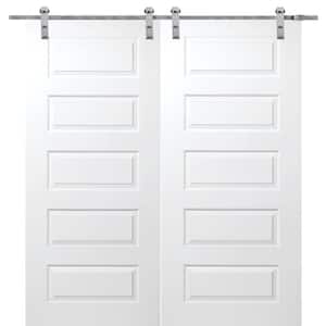 60 in. x 80 in. Primed Rockport Smooth Surface Solid Core Double Door with Barn Door Hardware Kit