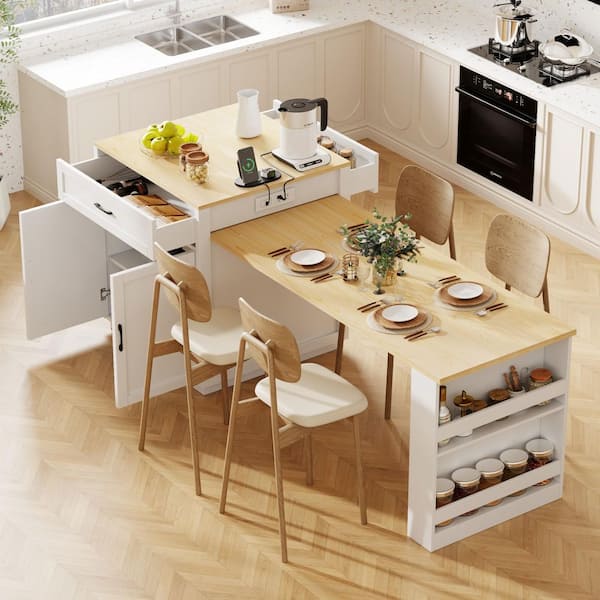 Ziyudura Extendable Dining Table White Wood Top 82.7 in. Kitchen Island with Double-Sized Storage, Power Outlet
