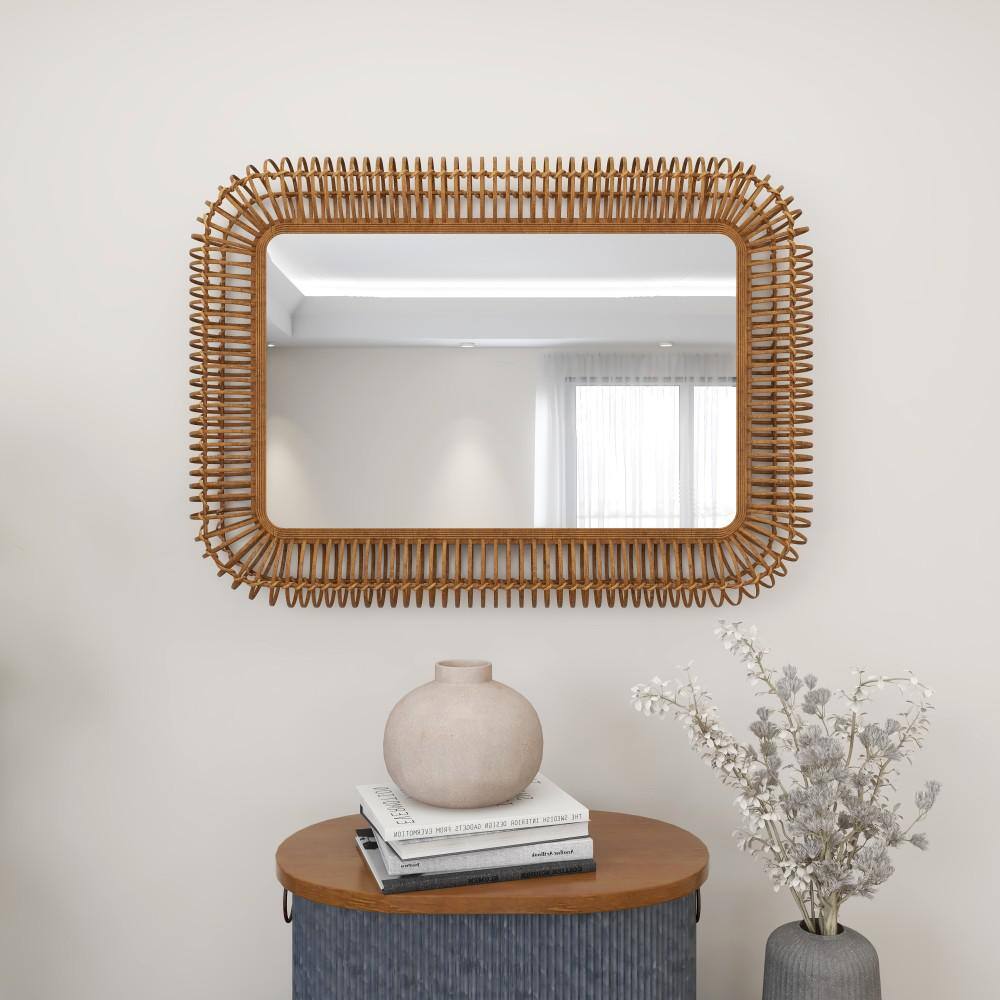 Brown Handmade Woven Rattan Rectangular Full Length Wall Mirror