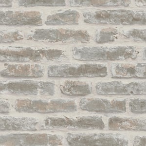 Exposed Brick Matte White and Taupe Vinyl on Non-woven Non-pasted Wallpaper Roll